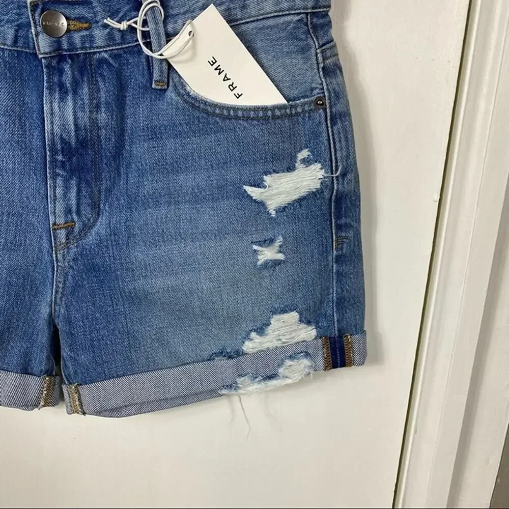 FRAME Le Beau High Rise Distressed Boyfriend Denim Shorts Light Wash NWT Size 25